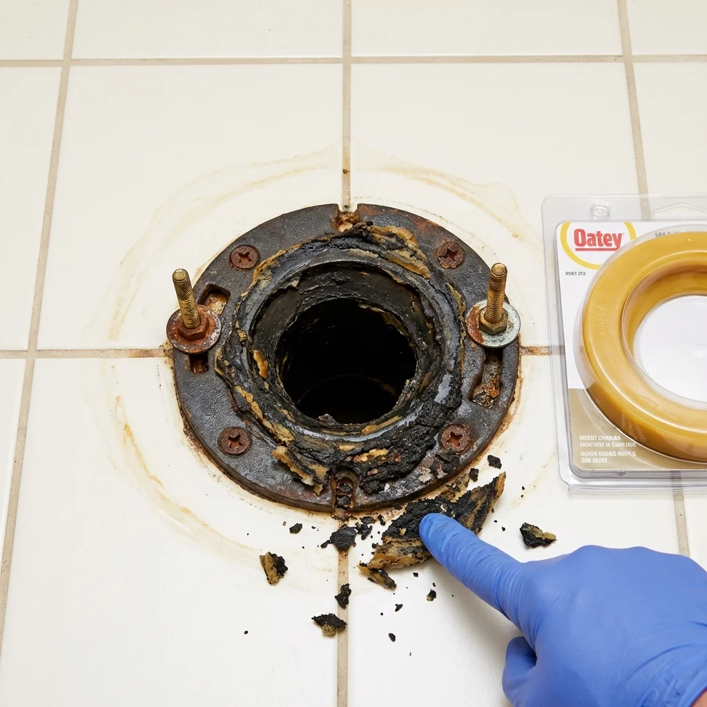 Failed wax ring showing water seepage at the base of a toilet in a Lisbon, ND home