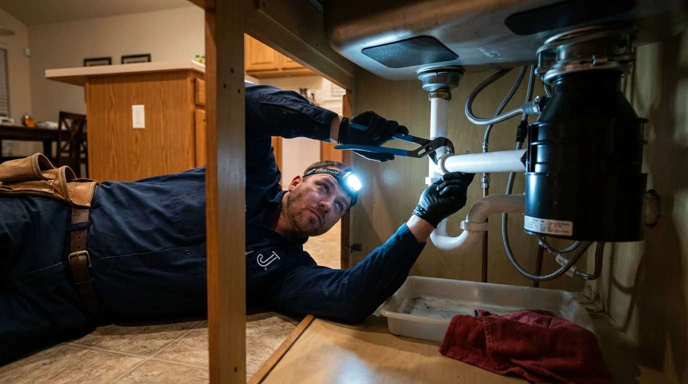 P-trap and supply line connections under a kitchen sink showing a common leak point in Lisbon, ND